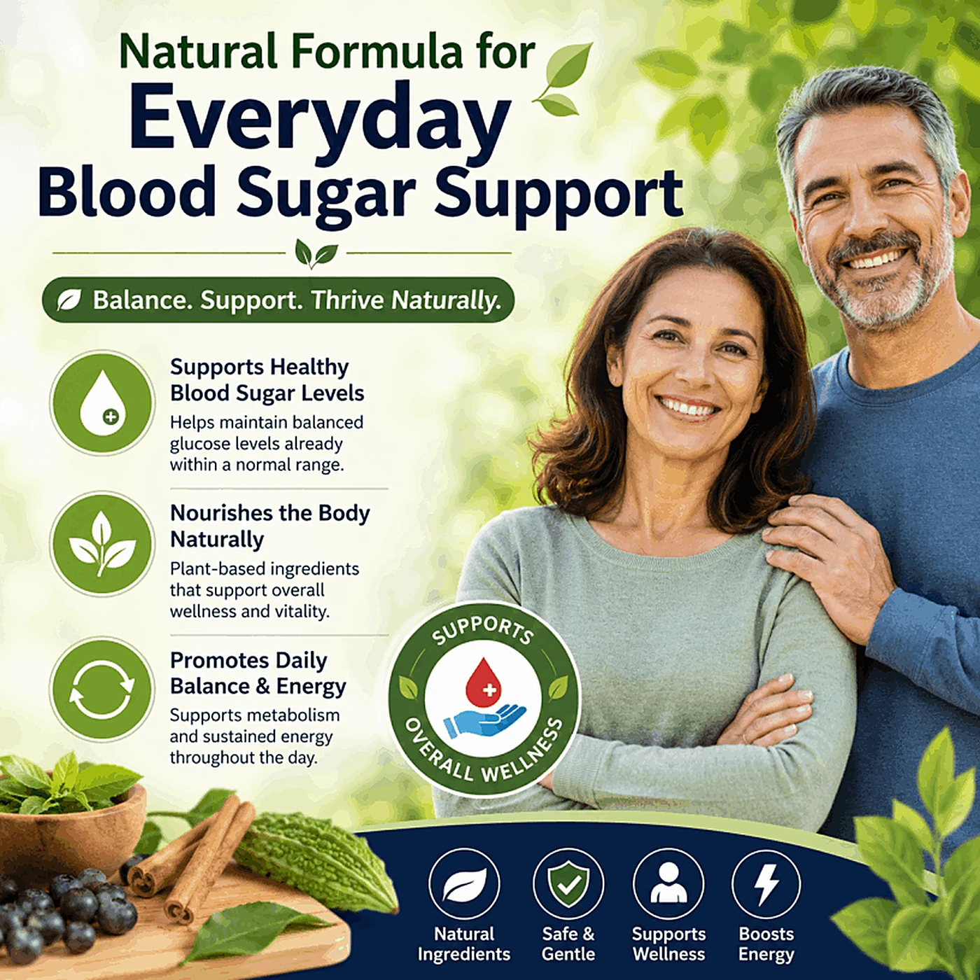 Olivaro liquid drops for healthy blood sugar support, happy couple in their fifties